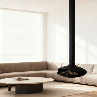 Suspended wood burning fireplace indoor steel custom black paint decorative